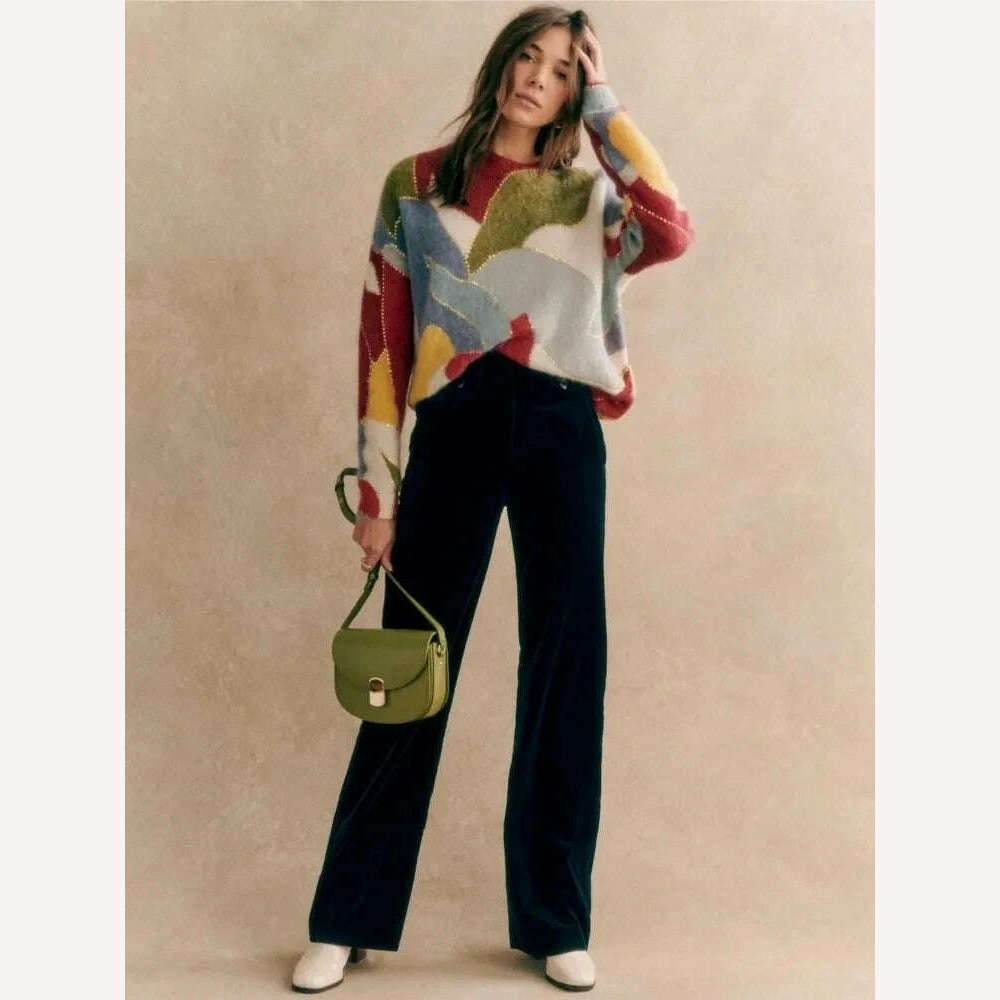 KIMLUD, Contrast Striped Sequins Chic O-neck Sweater Women Elegant Long Sleeve Colorful Knitted Crop Jumper 2024 Fashion Streetwear, KIMLUD Womens Clothes