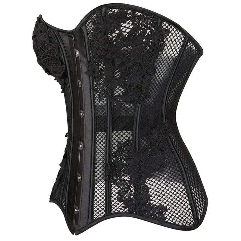 KIMLUD, Corsets And Bustiers Tops Plus Size Mesh Black Brocade Lingerie Corselet Overbust Lace Up Clubwear korsett, KIMLUD Womens Clothes