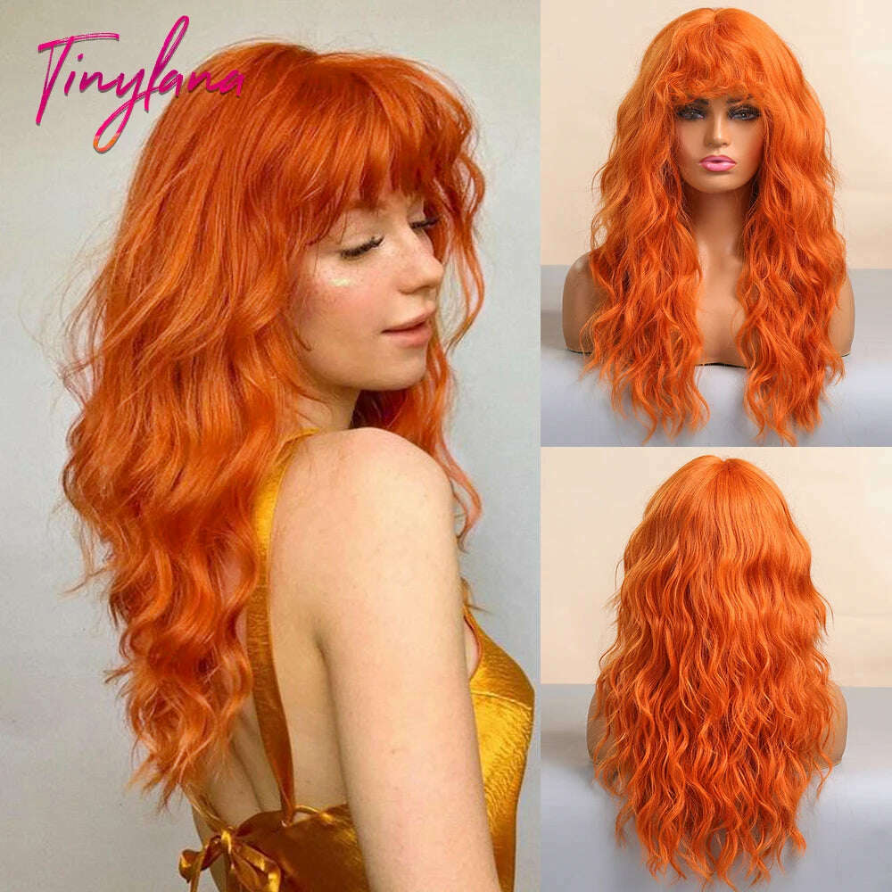 KIMLUD, Cosplay Ginger Orange Long Curly Synthetic Wigs with Bangs Deep Wave Lolita Hair for Women Halloween Party Daily Heat Resistant, KIMLUD Womens Clothes