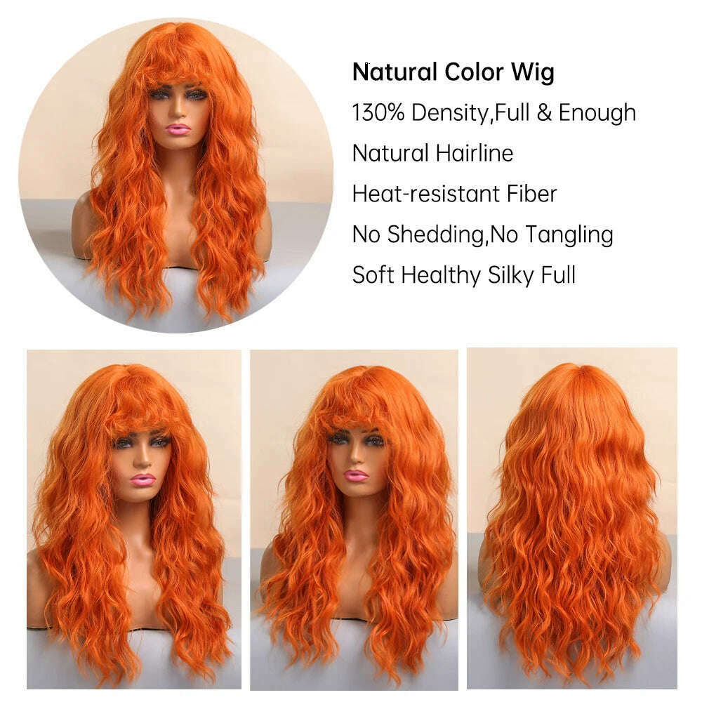 KIMLUD, Cosplay Ginger Orange Long Curly Synthetic Wigs with Bangs Deep Wave Lolita Hair for Women Halloween Party Daily Heat Resistant, KIMLUD Womens Clothes
