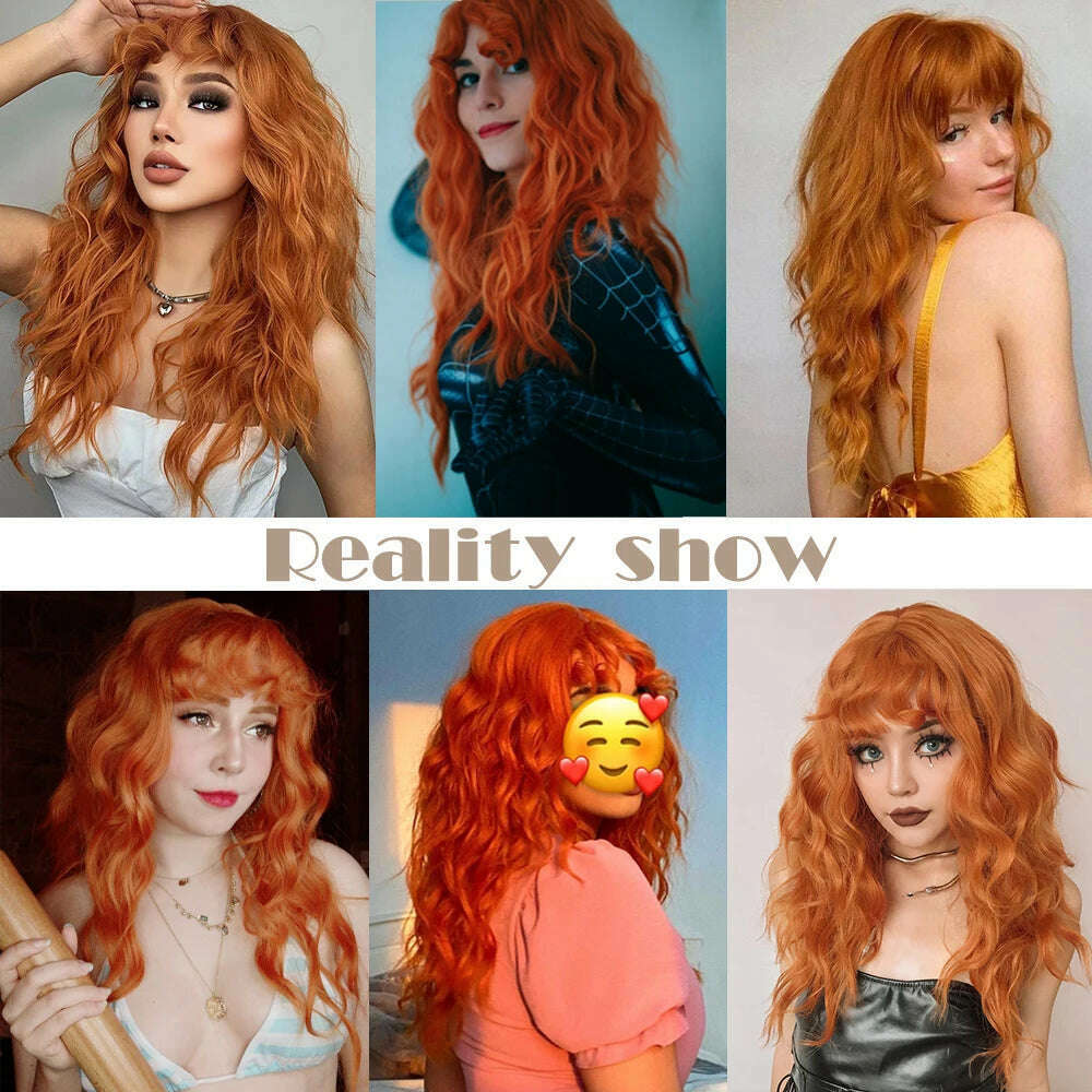 KIMLUD, Cosplay Ginger Orange Long Curly Synthetic Wigs with Bangs Deep Wave Lolita Hair for Women Halloween Party Daily Heat Resistant, KIMLUD Womens Clothes