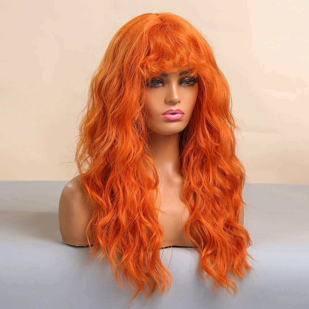 KIMLUD, Cosplay Ginger Orange Long Curly Synthetic Wigs with Bangs Deep Wave Lolita Hair for Women Halloween Party Daily Heat Resistant, KIMLUD Womens Clothes