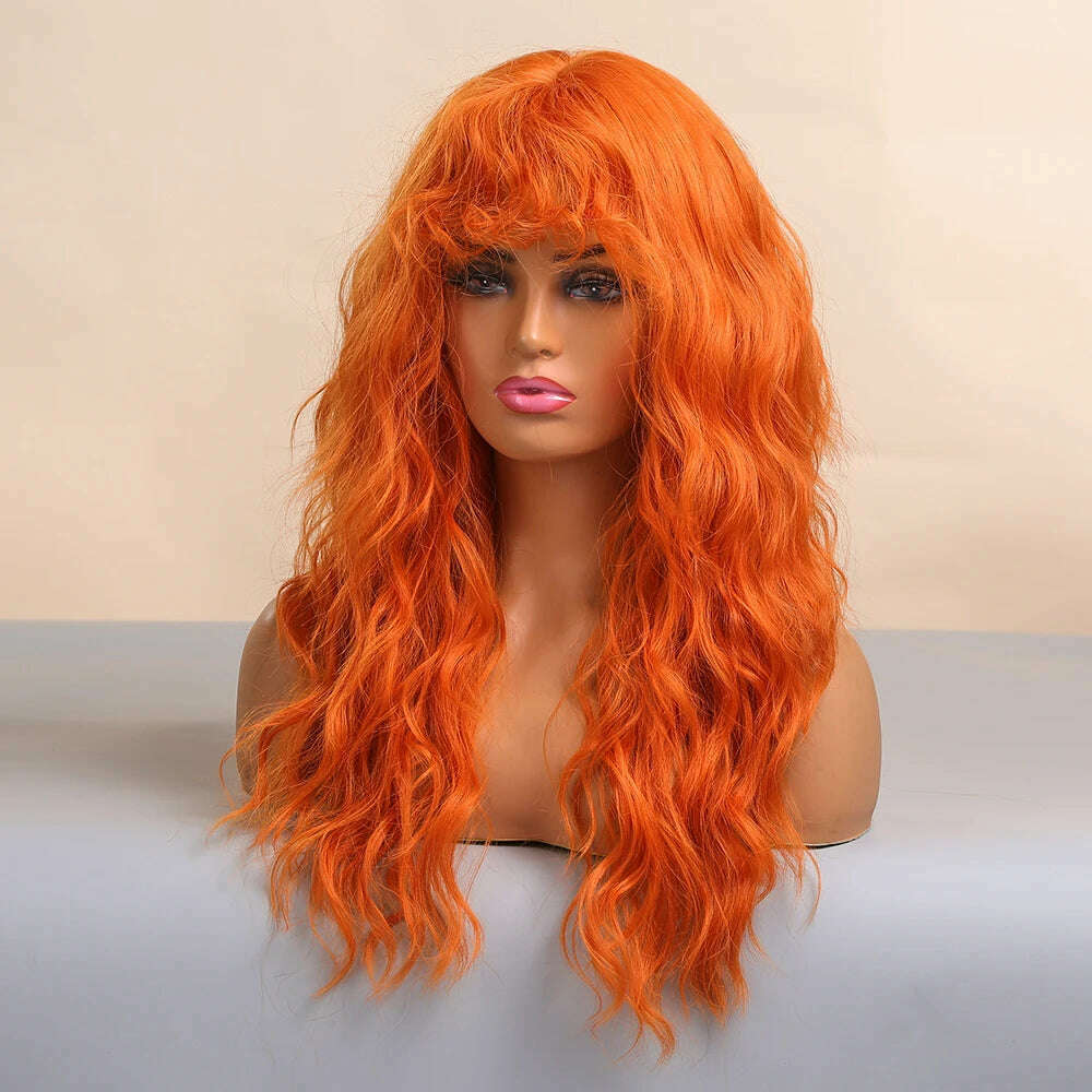 KIMLUD, Cosplay Ginger Orange Long Curly Synthetic Wigs with Bangs Deep Wave Lolita Hair for Women Halloween Party Daily Heat Resistant, KIMLUD Womens Clothes