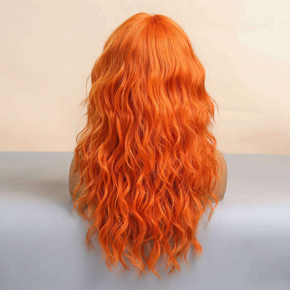 KIMLUD, Cosplay Ginger Orange Long Curly Synthetic Wigs with Bangs Deep Wave Lolita Hair for Women Halloween Party Daily Heat Resistant, KIMLUD Womens Clothes
