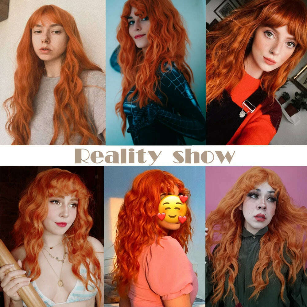 KIMLUD, Cosplay Ginger Orange Long Curly Synthetic Wigs with Bangs Deep Wave Lolita Hair for Women Halloween Party Daily Heat Resistant, KIMLUD Womens Clothes