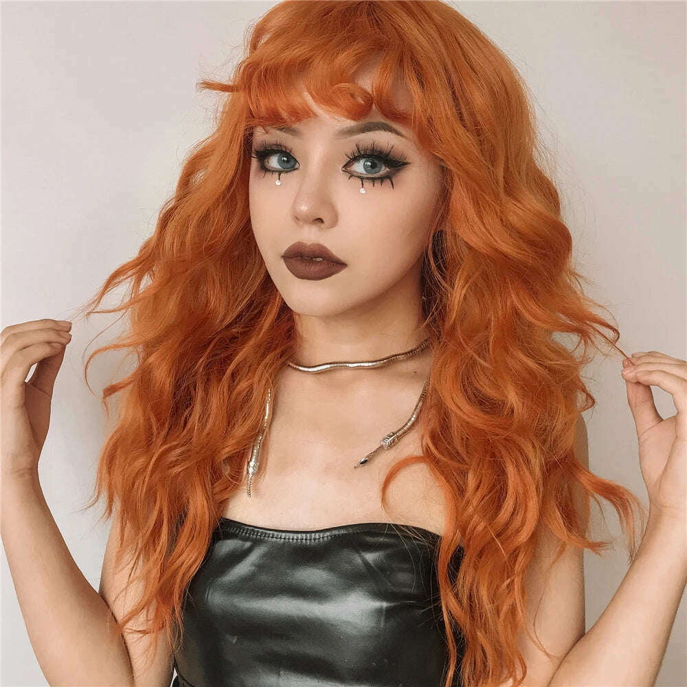 KIMLUD, Cosplay Ginger Orange Long Curly Synthetic Wigs with Bangs Deep Wave Lolita Hair for Women Halloween Party Daily Heat Resistant, KIMLUD Womens Clothes