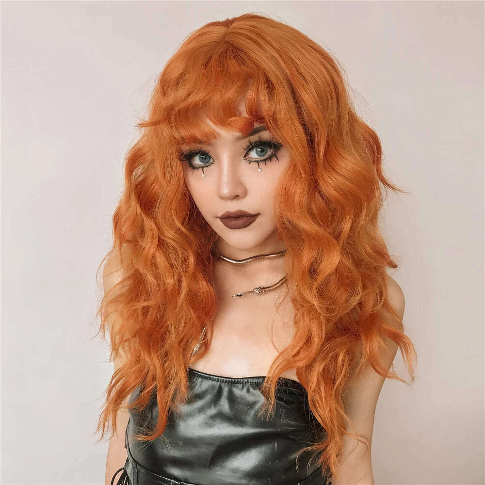 KIMLUD, Cosplay Ginger Orange Long Curly Synthetic Wigs with Bangs Deep Wave Lolita Hair for Women Halloween Party Daily Heat Resistant, KIMLUD Womens Clothes