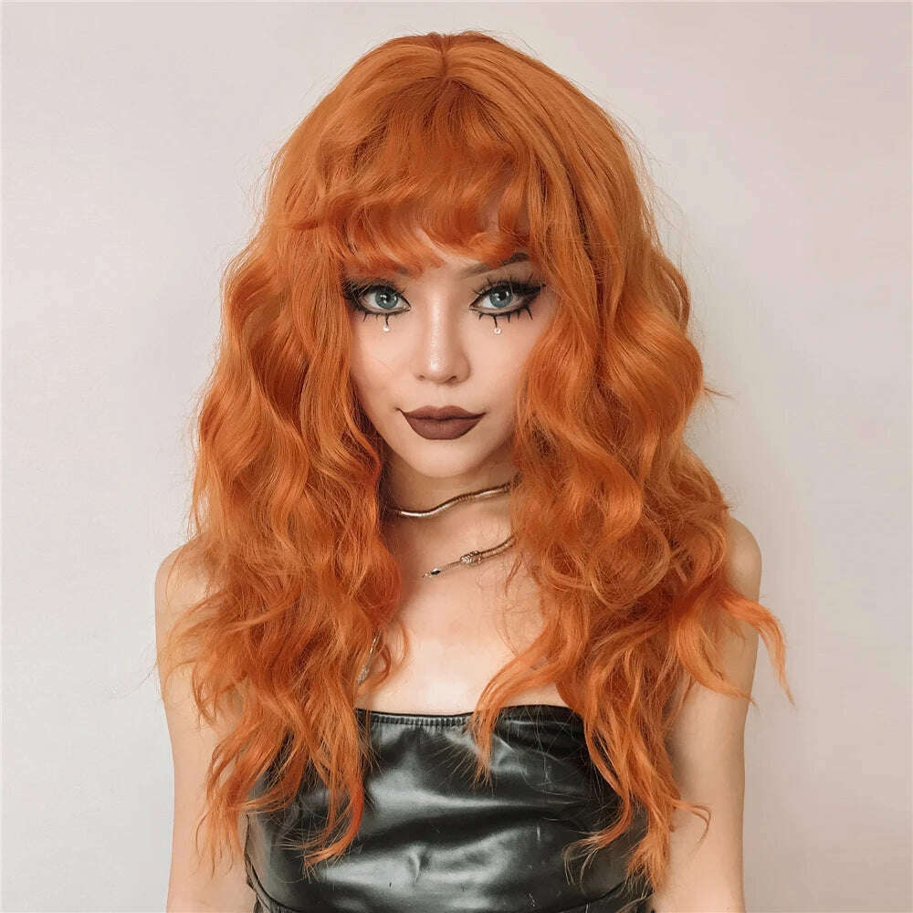 KIMLUD, Cosplay Ginger Orange Long Curly Synthetic Wigs with Bangs Deep Wave Lolita Hair for Women Halloween Party Daily Heat Resistant, KIMLUD Womens Clothes