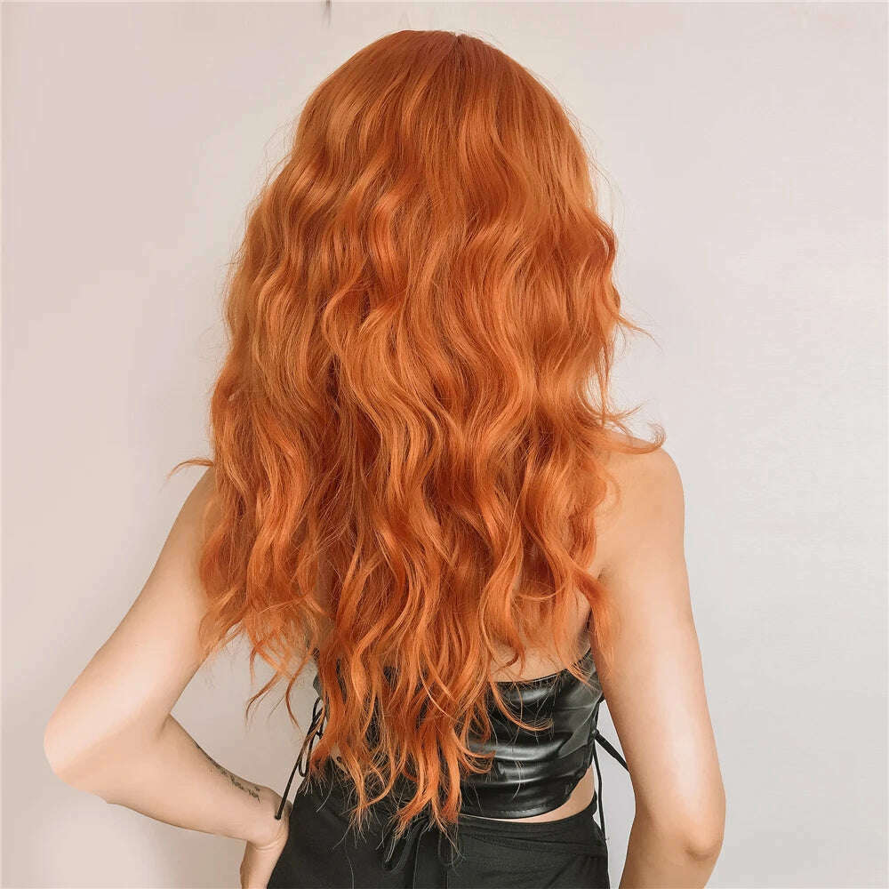 KIMLUD, Cosplay Ginger Orange Long Curly Synthetic Wigs with Bangs Deep Wave Lolita Hair for Women Halloween Party Daily Heat Resistant, KIMLUD Womens Clothes
