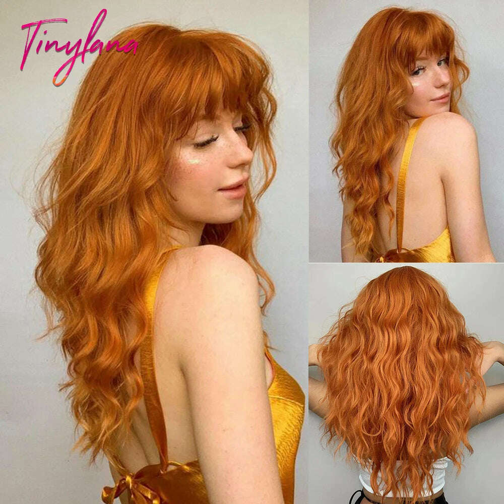 KIMLUD, Cosplay Ginger Orange Long Curly Synthetic Wigs with Bangs Deep Wave Lolita Hair for Women Halloween Party Daily Heat Resistant, LC6056-1, KIMLUD APPAREL - Womens Clothes