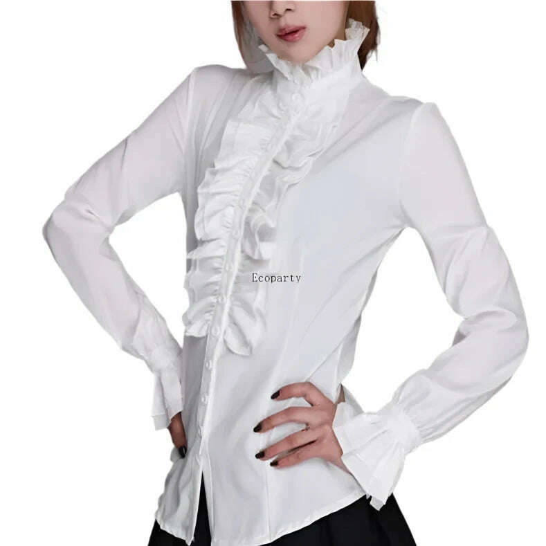 KIMLUD, cosplay lolita tops Victorian Womens Tops Ruffles Long Sleeve Frill Solid Color OL Office Shirt Frilly Cuffs High Neck Blouse, KIMLUD Womens Clothes