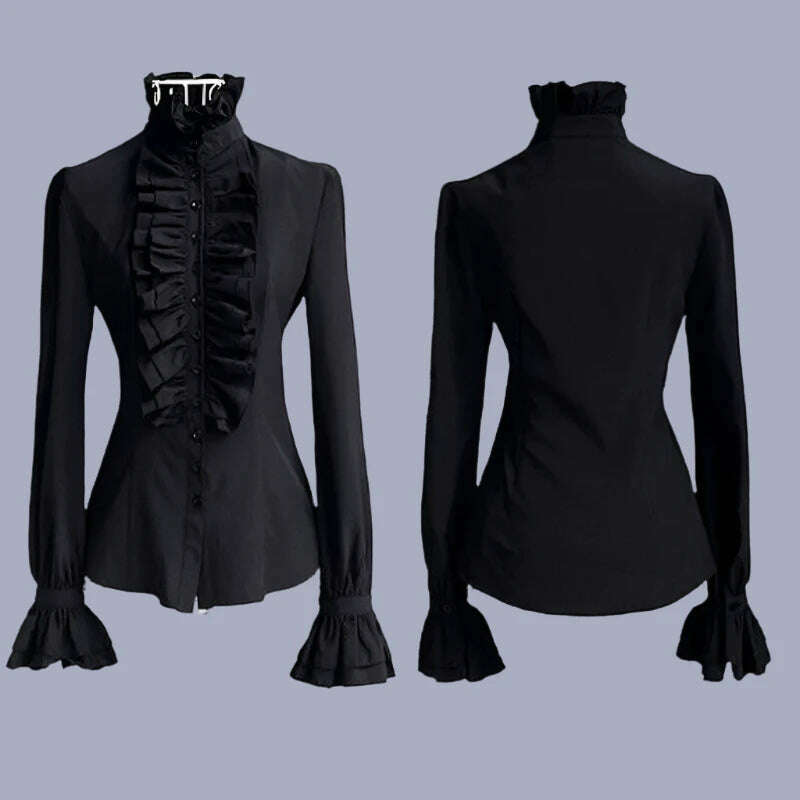 KIMLUD, cosplay lolita tops Victorian Womens Tops Ruffles Long Sleeve Frill Solid Color OL Office Shirt Frilly Cuffs High Neck Blouse, KIMLUD Womens Clothes