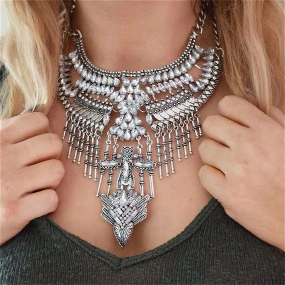 Costume Jewellery Luxury Statement Tribal Vintage Silver Color Oversized Crystal Rhinestone Big Bib Choker Necklace for Women - KIMLUD