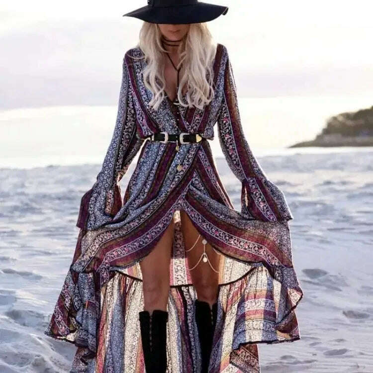 KIMLUD, Cottagecore Dress Casual Floral Printed Sexy Split Long Sleeve Tunic Wrap Summer Dresse Boho Hippie Chic Vestidos 2023 Beachwear, KIMLUD Womens Clothes