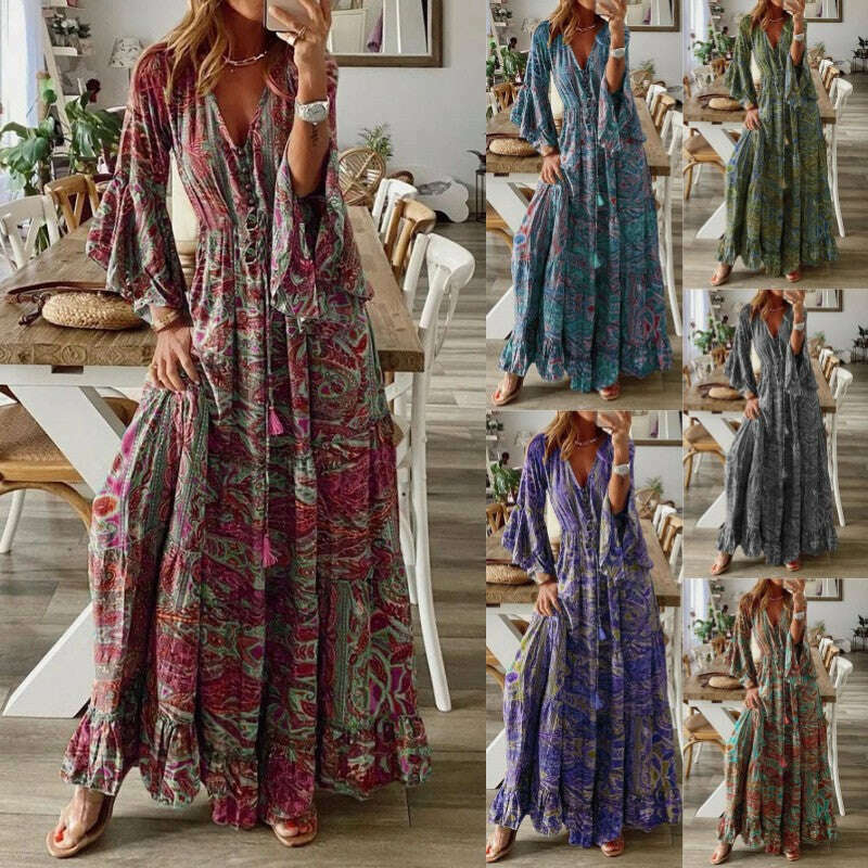 KIMLUD, Cottagecore Dress Casual Floral Printed Sexy Split Long Sleeve Tunic Wrap Summer Dresse Boho Hippie Chic Vestidos 2023 Beachwear, KIMLUD Womens Clothes