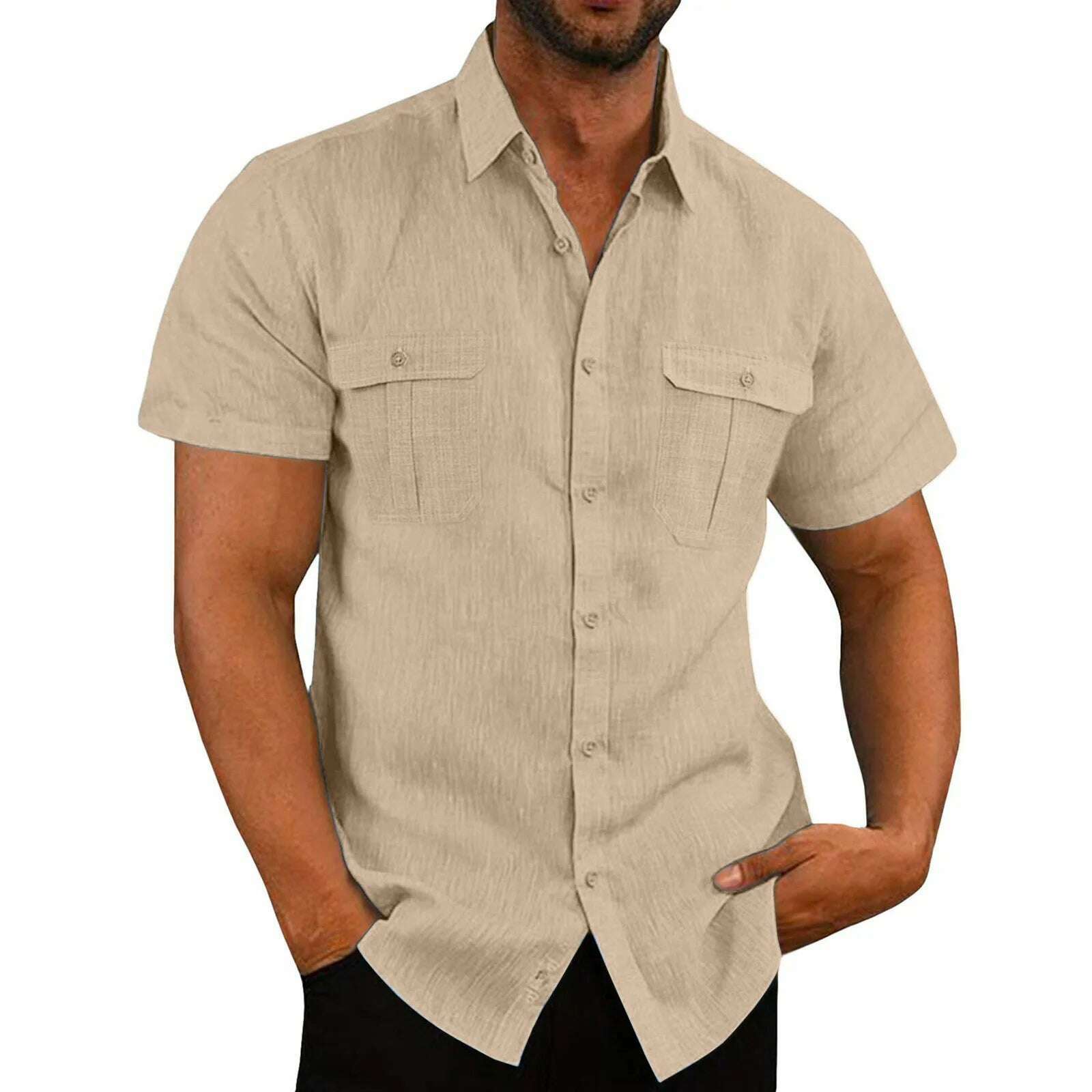 Cotton Linen Hot Sale Men Short-Sleeved Shirts Summer Solid Color Stand-Up Collar Casual Beach Style Plus SizeMale Shirts M-5XL - KIMLUD