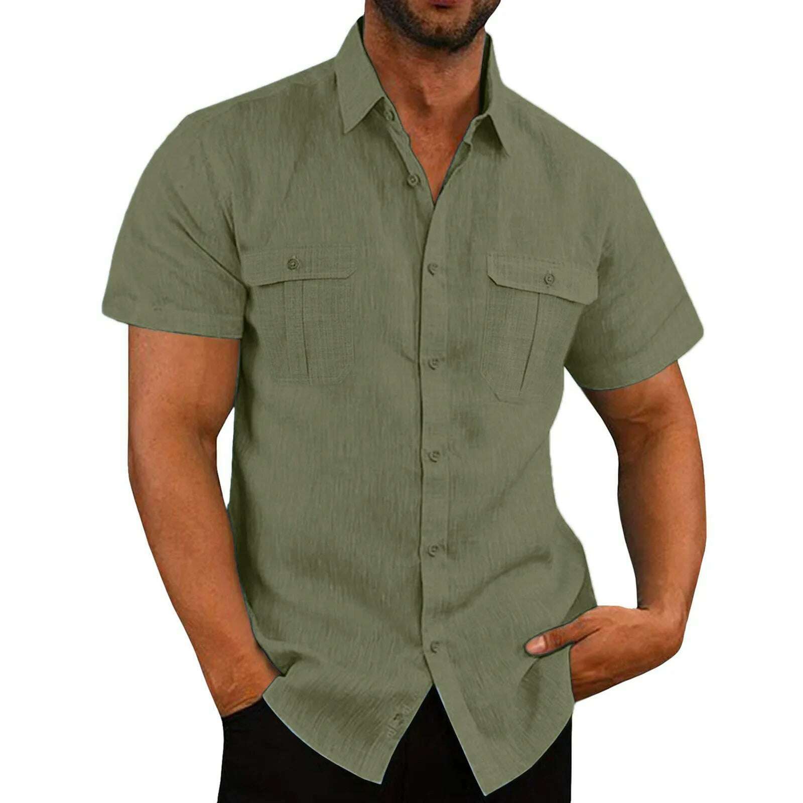 Cotton Linen Hot Sale Men Short-Sleeved Shirts Summer Solid Color Stand-Up Collar Casual Beach Style Plus SizeMale Shirts M-5XL - KIMLUD