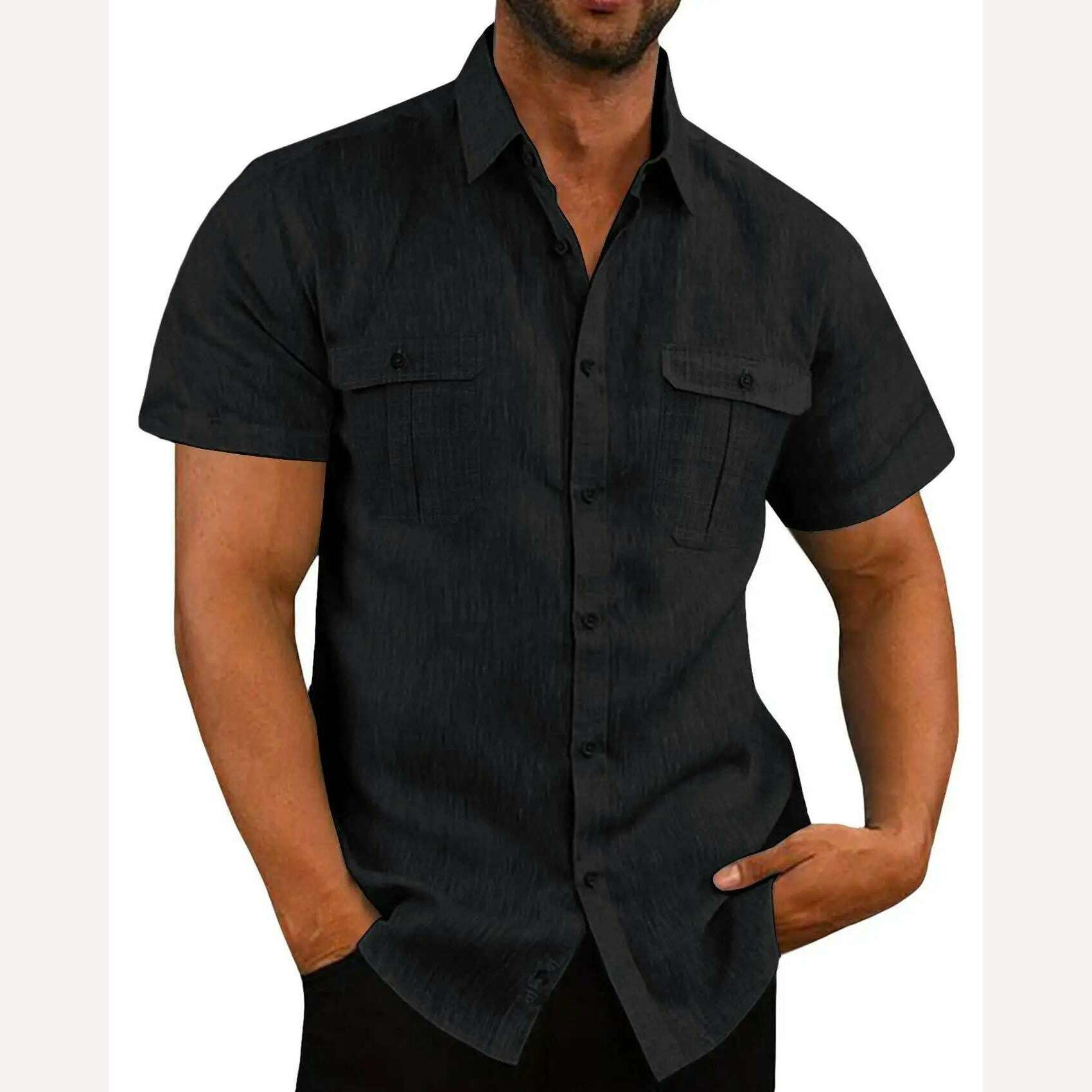 Cotton Linen Hot Sale Men Short-Sleeved Shirts Summer Solid Color Stand-Up Collar Casual Beach Style Plus SizeMale Shirts M-5XL - KIMLUD