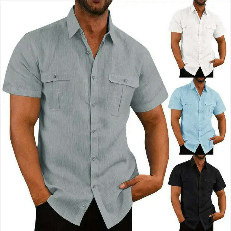 Cotton Linen Hot Sale Men Short-Sleeved Shirts Summer Solid Color Stand-Up Collar Casual Beach Style Plus SizeMale Shirts M-5XL - KIMLUD