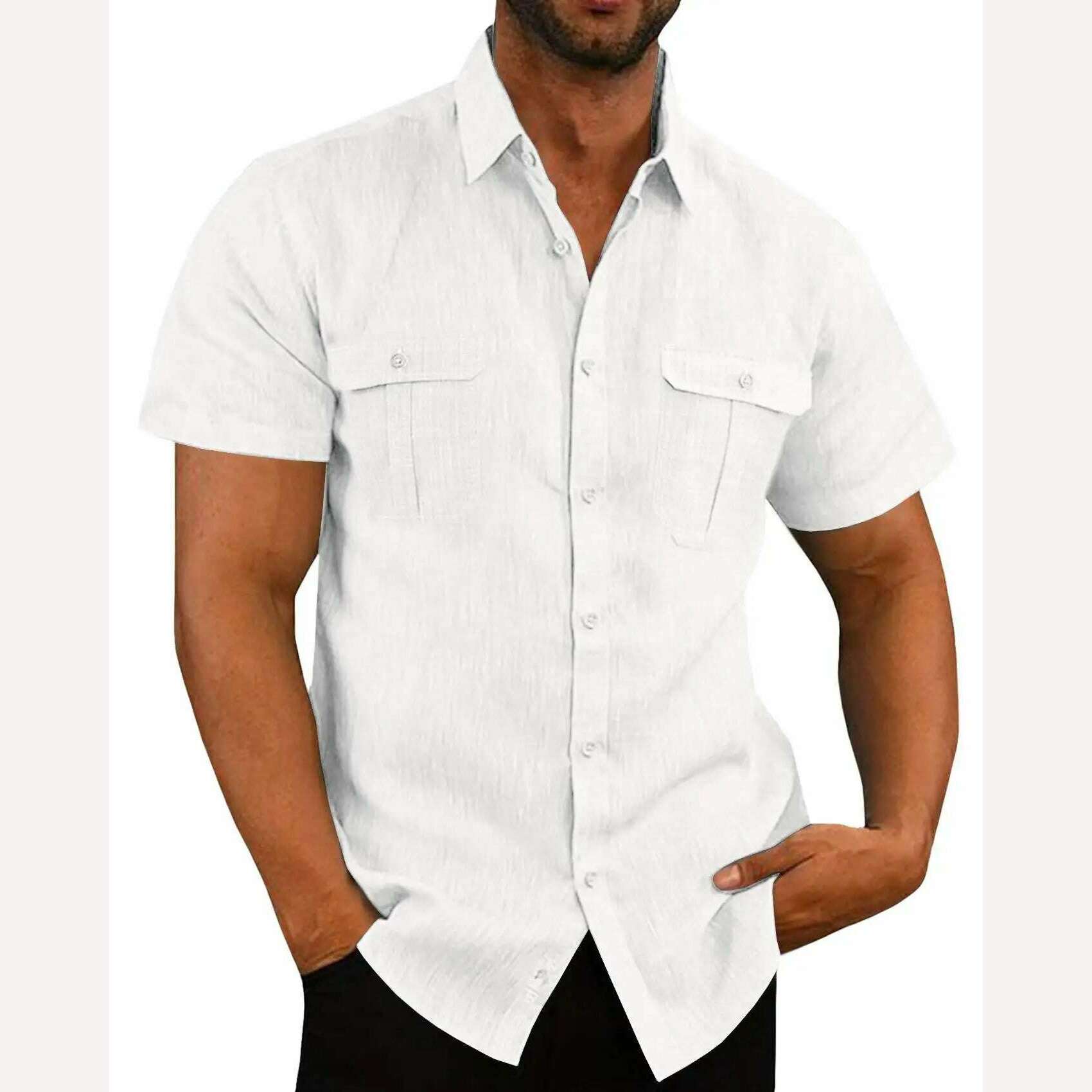 Cotton Linen Hot Sale Men Short-Sleeved Shirts Summer Solid Color Stand-Up Collar Casual Beach Style Plus SizeMale Shirts M-5XL - KIMLUD