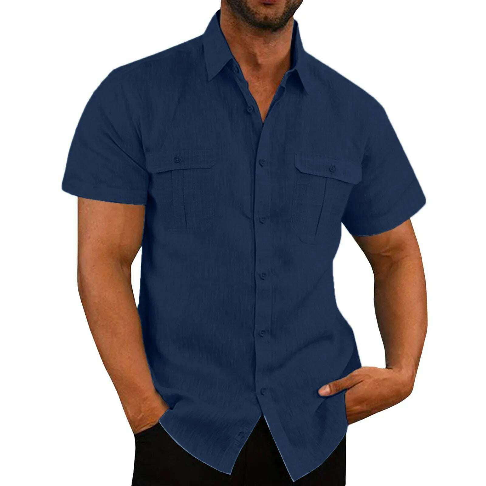 Cotton Linen Hot Sale Men Short-Sleeved Shirts Summer Solid Color Stand-Up Collar Casual Beach Style Plus SizeMale Shirts M-5XL - KIMLUD