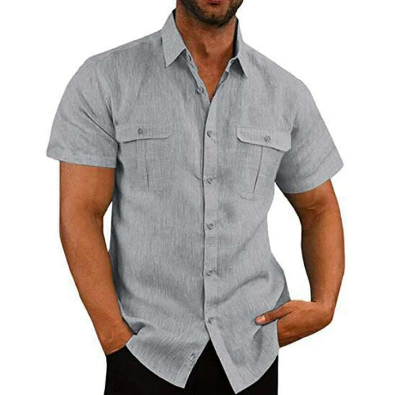 Cotton Linen Hot Sale Men Short-Sleeved Shirts Summer Solid Color Stand-Up Collar Casual Beach Style Plus SizeMale Shirts M-5XL - KIMLUD