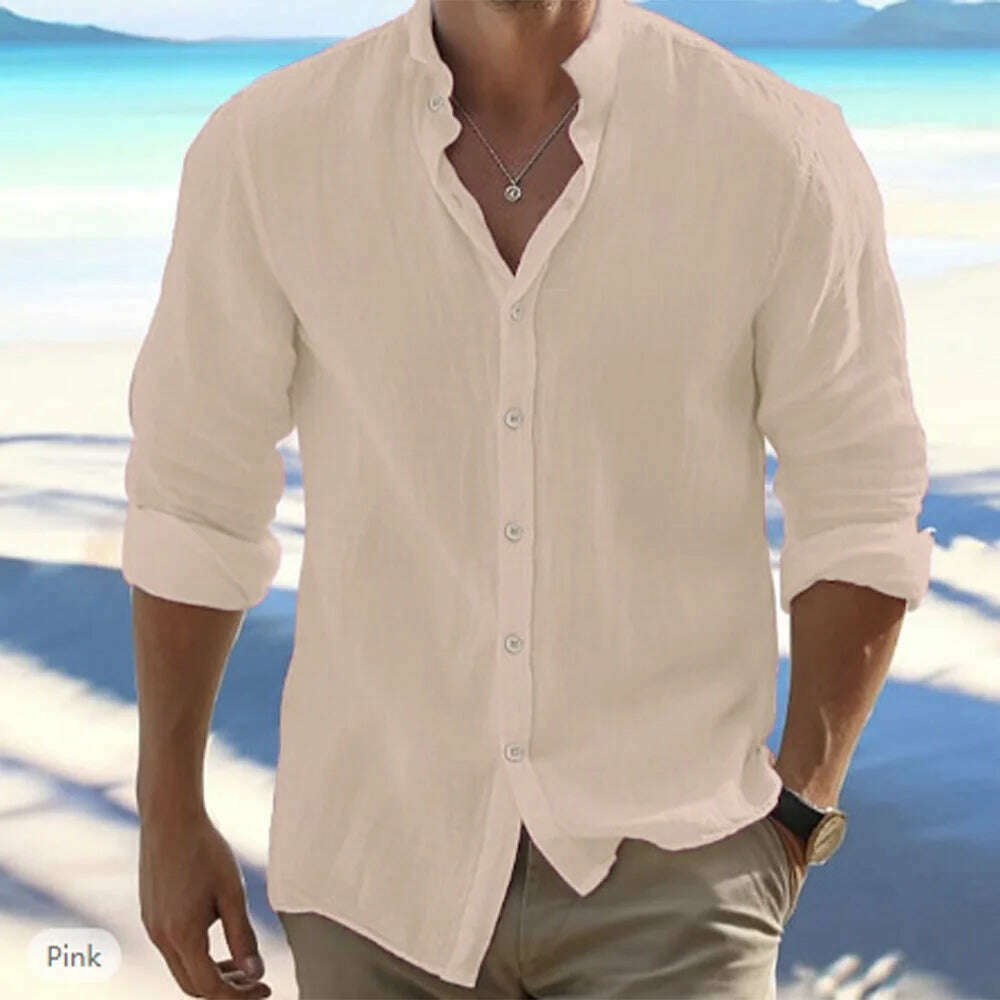 Cotton Linen Hot Sale Men's Long-Sleeved Shirts Summer Solid Color Stand-Up Collar Casual Beach Style Plus Size - KIMLUD