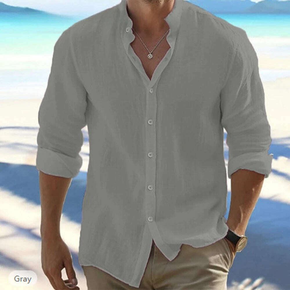 Cotton Linen Hot Sale Men's Long-Sleeved Shirts Summer Solid Color Stand-Up Collar Casual Beach Style Plus Size - KIMLUD