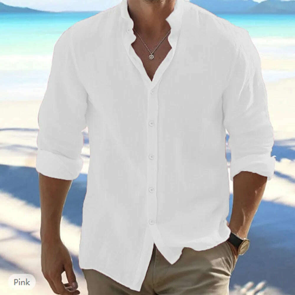 Cotton Linen Hot Sale Men's Long-Sleeved Shirts Summer Solid Color Stand-Up Collar Casual Beach Style Plus Size - KIMLUD