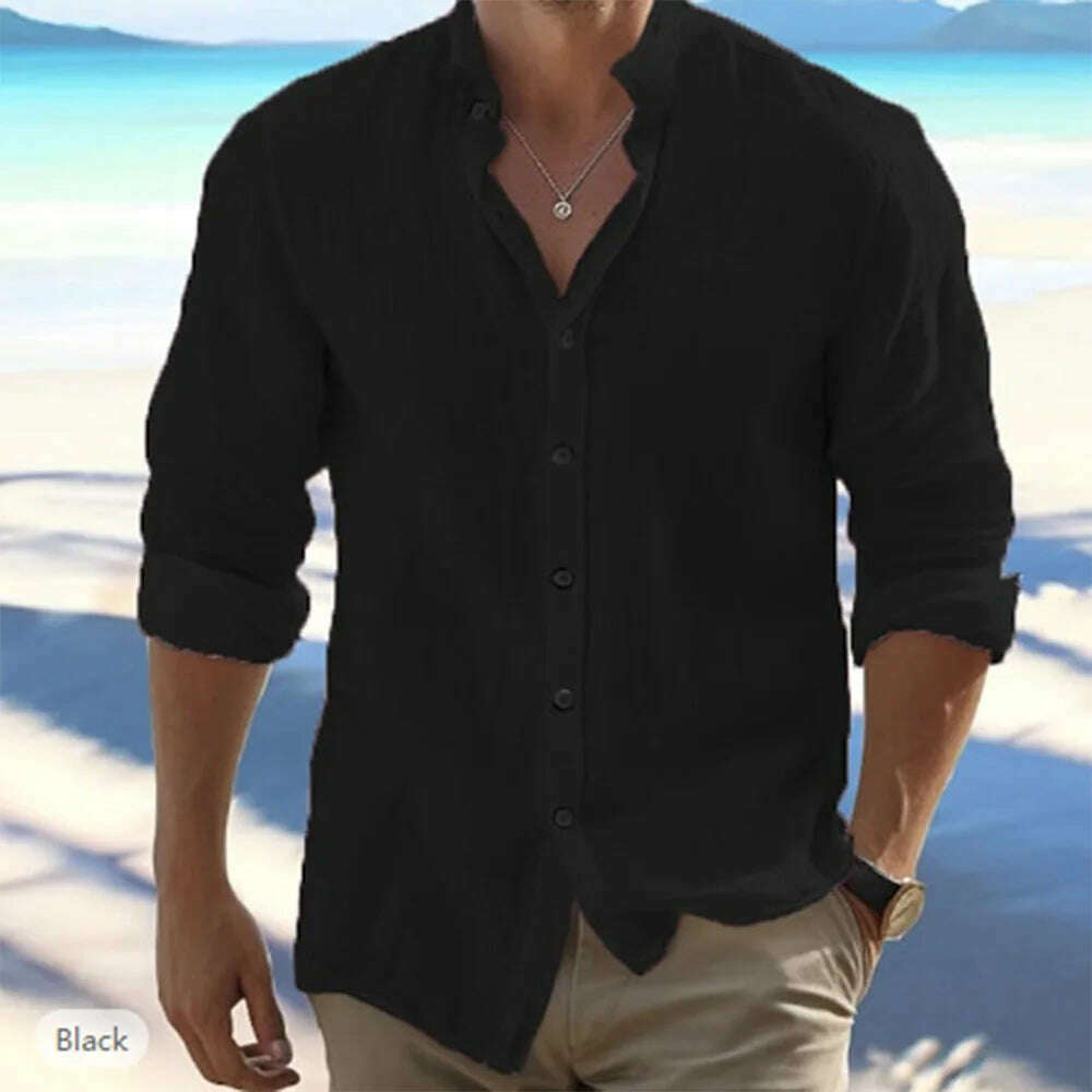 Cotton Linen Hot Sale Men's Long-Sleeved Shirts Summer Solid Color Stand-Up Collar Casual Beach Style Plus Size - KIMLUD