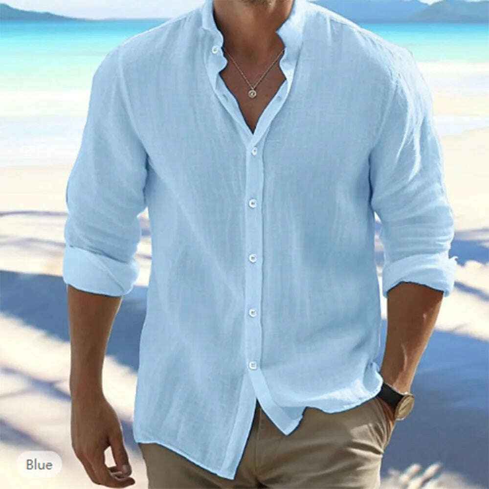 Cotton Linen Hot Sale Men's Long-Sleeved Shirts Summer Solid Color Stand-Up Collar Casual Beach Style Plus Size - KIMLUD
