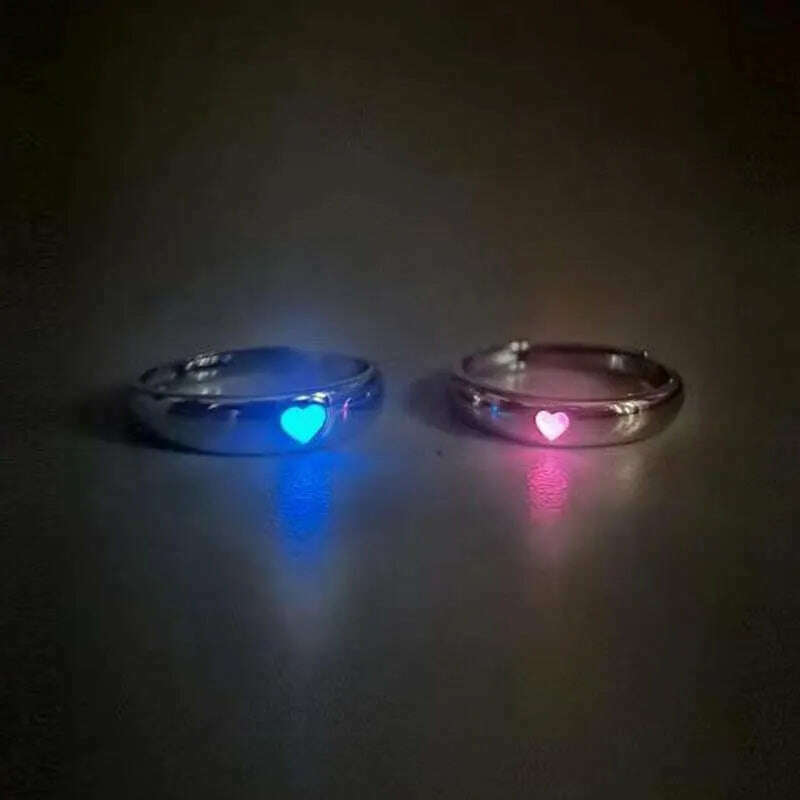 KIMLUD, Couples Rings Luminous Love Heart Adjustable Finger Ring Glow In Dark Fashion Silver Color Pink Blue Light Jewelry Lover Gift, KIMLUD Womens Clothes