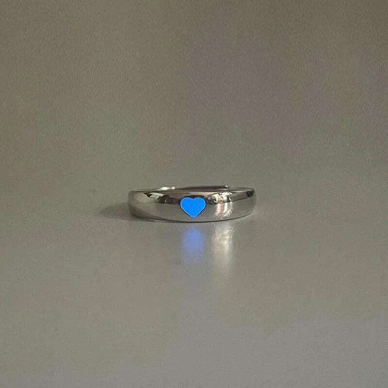 KIMLUD, Couples Rings Luminous Love Heart Adjustable Finger Ring Glow In Dark Fashion Silver Color Pink Blue Light Jewelry Lover Gift, Blue, KIMLUD APPAREL - Womens Clothes