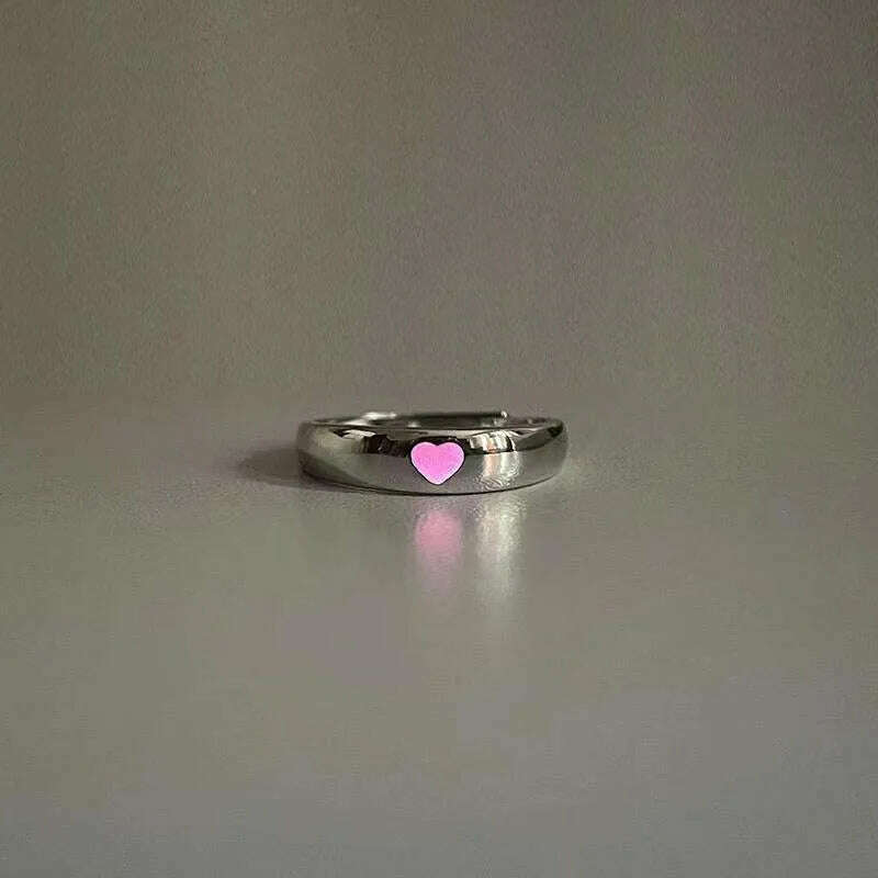 KIMLUD, Couples Rings Luminous Love Heart Adjustable Finger Ring Glow In Dark Fashion Silver Color Pink Blue Light Jewelry Lover Gift, Pink, KIMLUD APPAREL - Womens Clothes