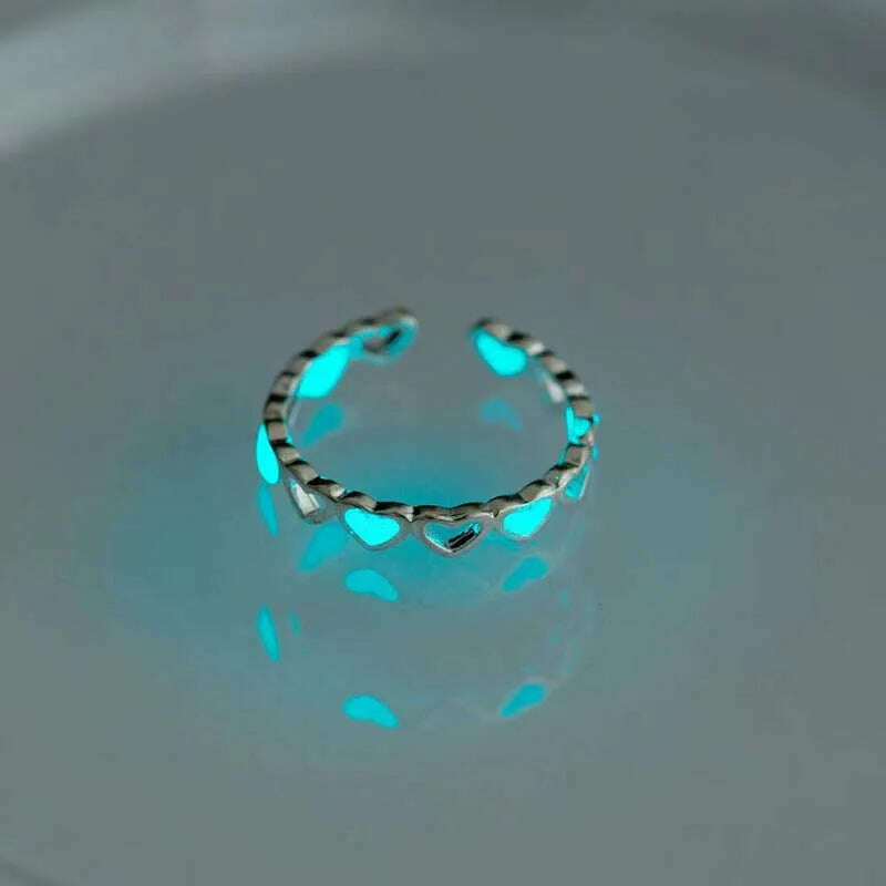 KIMLUD, Couples Rings Luminous Love Heart Adjustable Finger Ring Glow In Dark Fashion Silver Color Pink Blue Light Jewelry Lover Gift, Blue 1, KIMLUD APPAREL - Womens Clothes