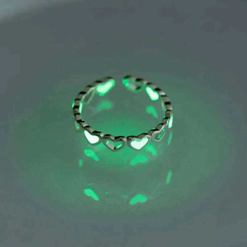 KIMLUD, Couples Rings Luminous Love Heart Adjustable Finger Ring Glow In Dark Fashion Silver Color Pink Blue Light Jewelry Lover Gift, Green, KIMLUD APPAREL - Womens Clothes