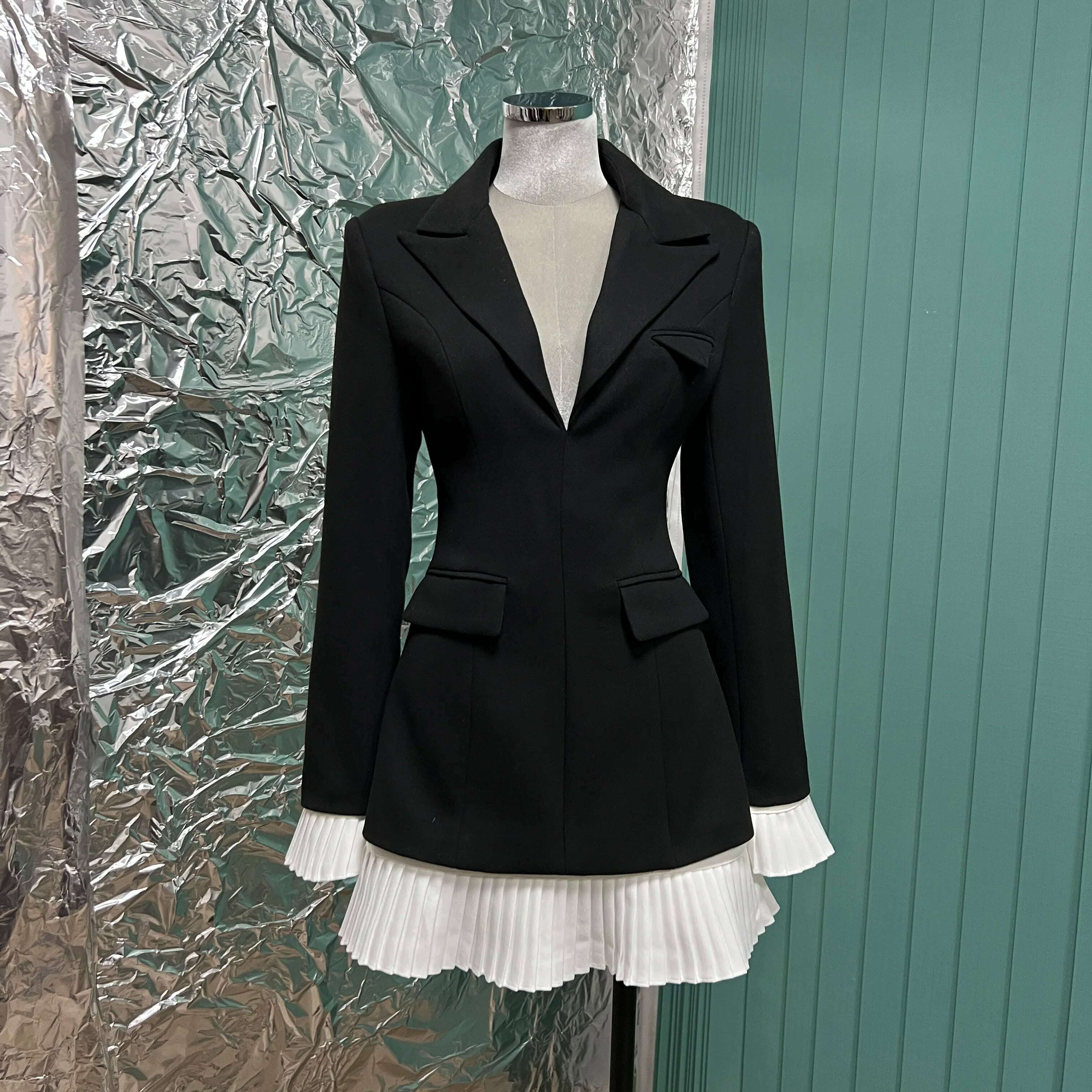 KIMLUD, Court style ruffled hem shirt + two suits lapel dress ruffled hem detachable skirt, black / S, KIMLUD APPAREL - Womens Clothes