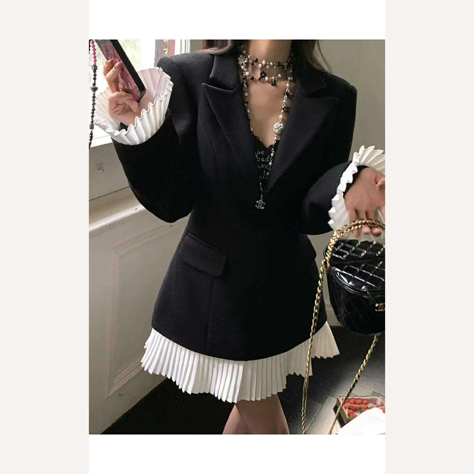 KIMLUD, Court style ruffled hem shirt + two suits lapel dress ruffled hem detachable skirt, KIMLUD Womens Clothes