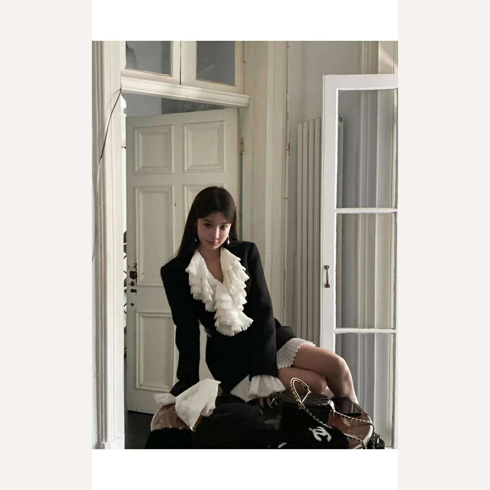 KIMLUD, Court style ruffled hem shirt + two suits lapel dress ruffled hem detachable skirt, KIMLUD Womens Clothes