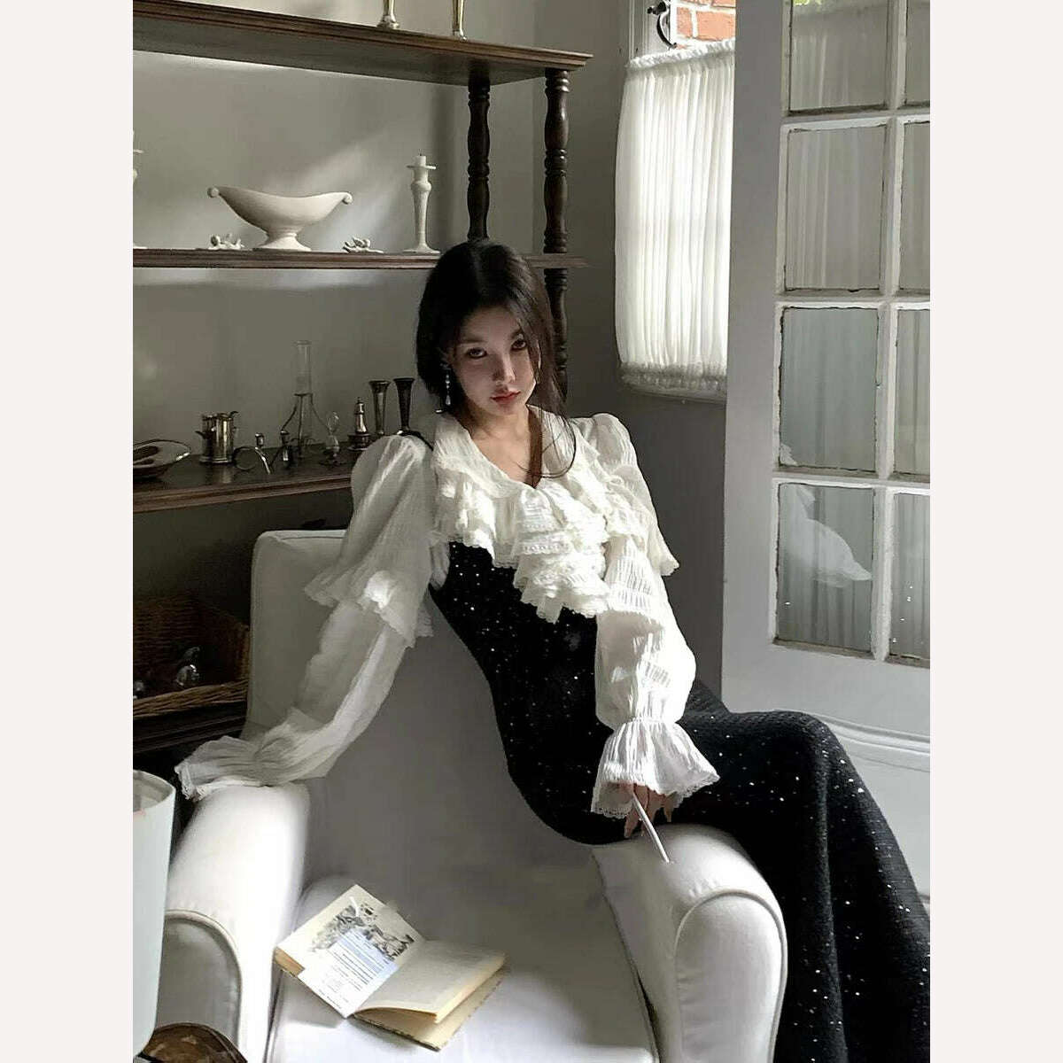 KIMLUD, Court style ruffled hem shirt + two suits lapel dress ruffled hem detachable skirt, KIMLUD Womens Clothes