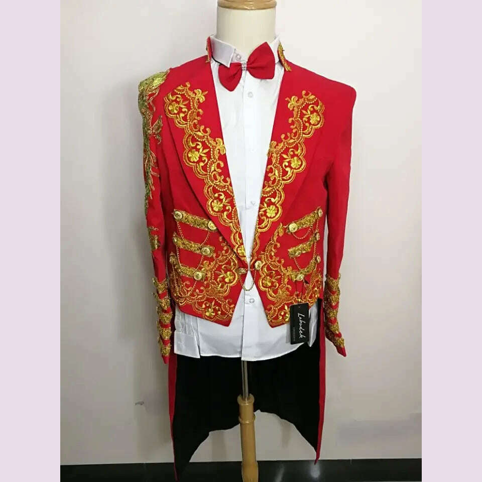 KIMLUD, Court Tuxedo Magic Costume Black Red Blue Embroidery Long Tailcoat Blazers Bar Singer Host Stage Outfit Wedding Groom Dresses, Red / M, KIMLUD APPAREL - Womens Clothes
