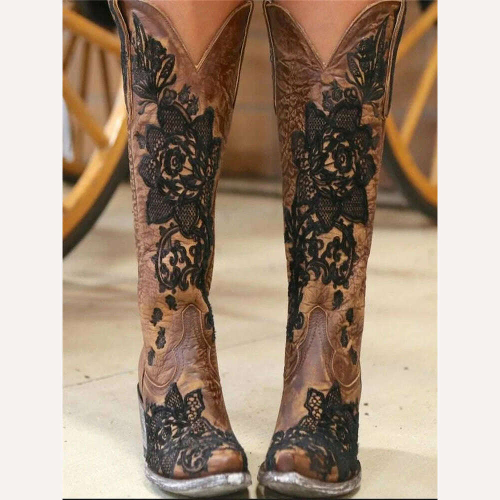 KIMLUD, Cowboy Boots For Women 2023 Fashion Brown Boots Knee High Heels Embroider Sexy Warm Winter Zip Femme Handmade Shoes Size 43, Brown / 4 / China, KIMLUD APPAREL - Womens Clothes