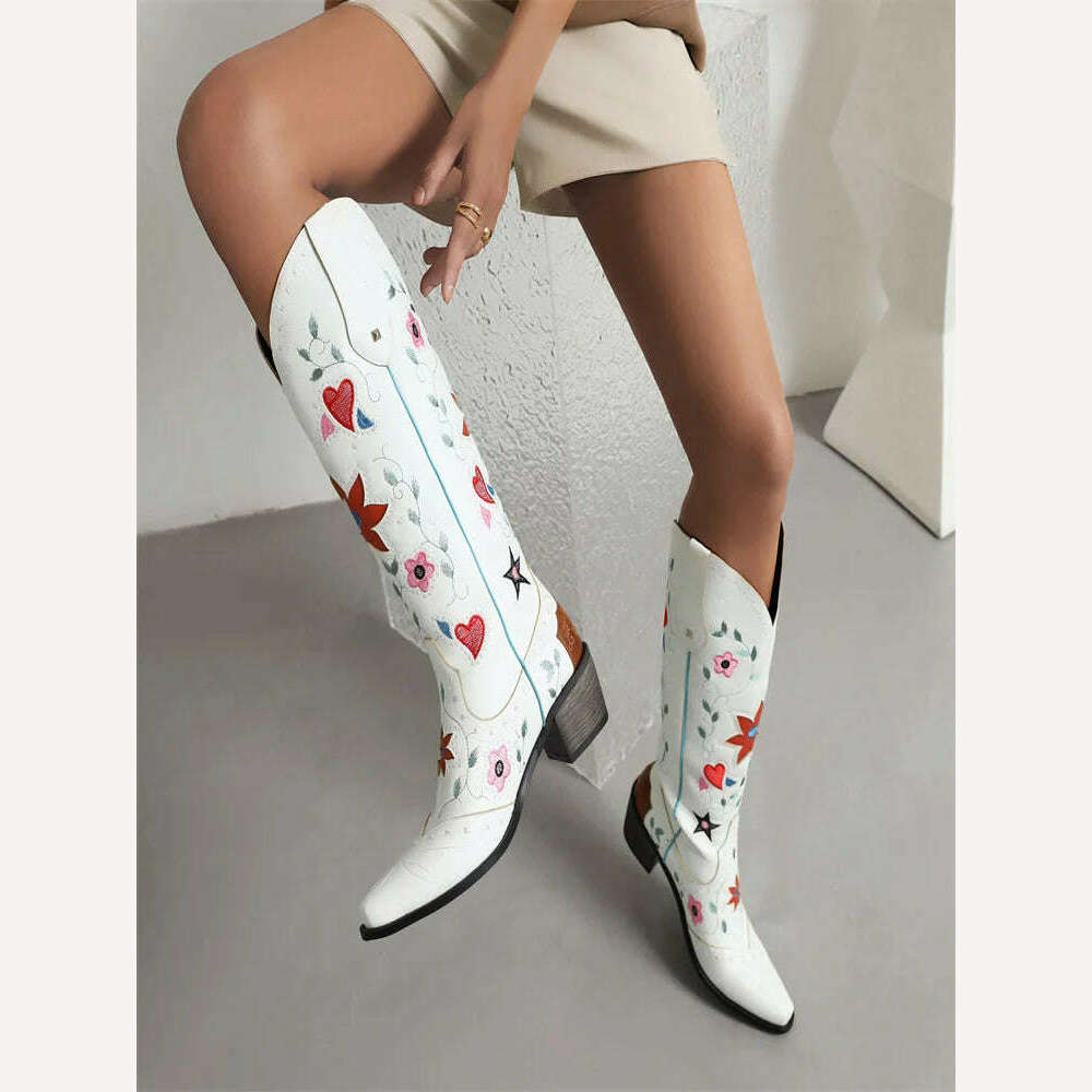 KIMLUD, Cowboy Boots For Women 2023 Fashion Brown Boots Knee High Heels Embroider Sexy Warm Winter Zip Femme Handmade Shoes Size 43, Beige / 4 / China, KIMLUD APPAREL - Womens Clothes