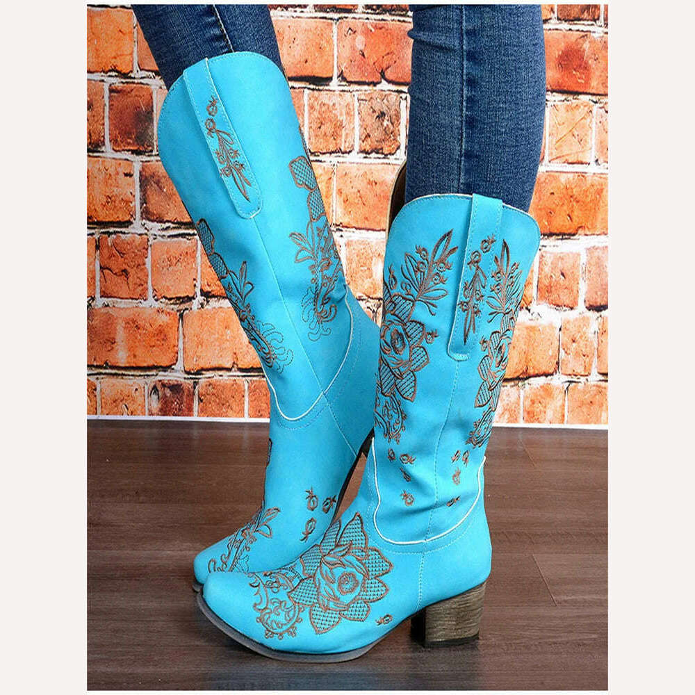 KIMLUD, Cowboy Boots For Women 2023 Fashion Brown Boots Knee High Heels Embroider Sexy Warm Winter Zip Femme Handmade Shoes Size 43, Blue / 4 / China, KIMLUD APPAREL - Womens Clothes