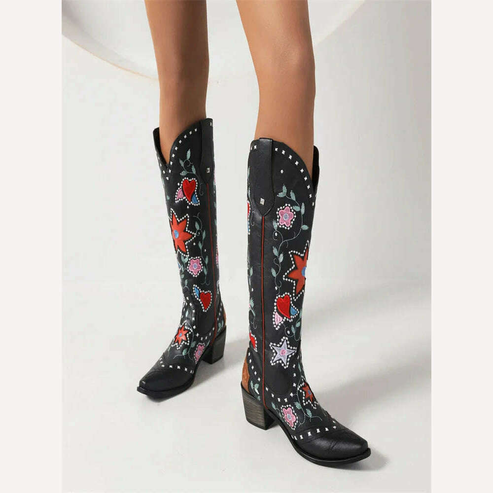 KIMLUD, Cowboy Boots For Women 2023 Fashion Brown Boots Knee High Heels Embroider Sexy Warm Winter Zip Femme Handmade Shoes Size 43, Black / 4 / China, KIMLUD APPAREL - Womens Clothes
