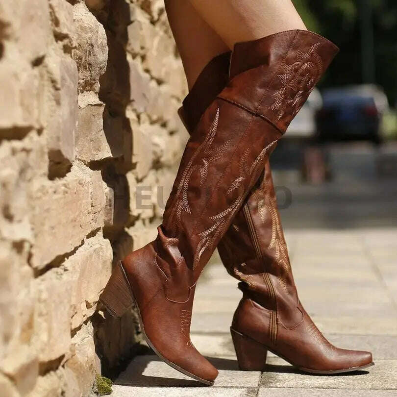 KIMLUD, Cowboy Boots For Women 2023 Fashion Brown Boots Knee High Heels Embroider Sexy Warm Winter Zip Femme Handmade Shoes Size 43, KIMLUD Womens Clothes