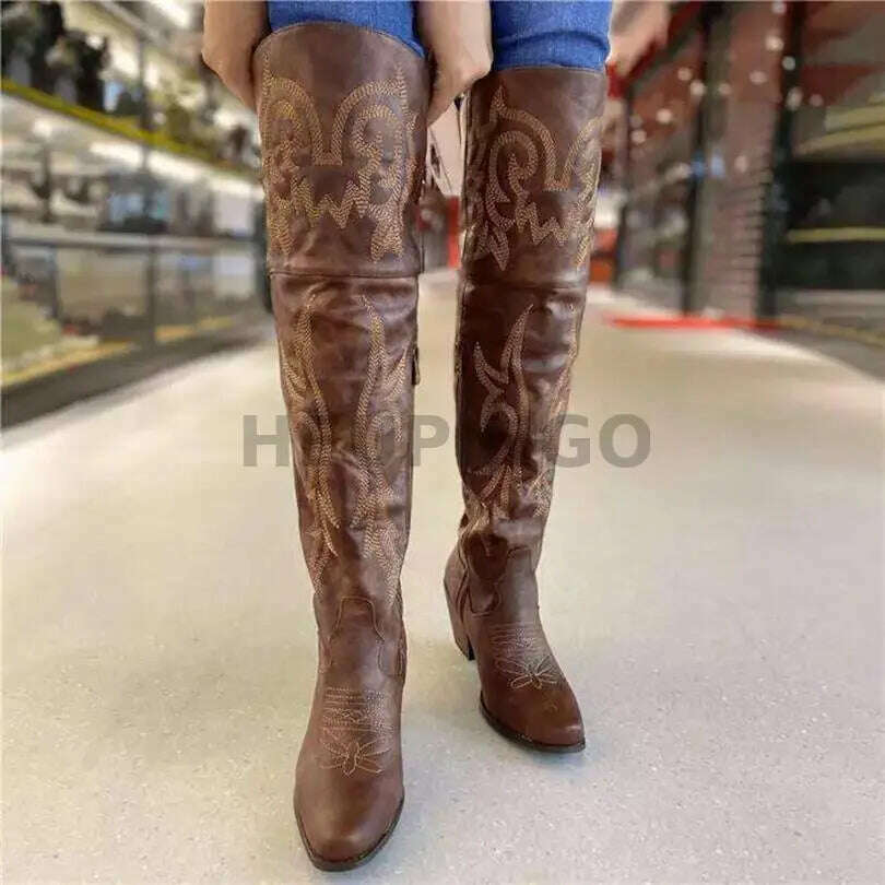 KIMLUD, Cowboy Boots For Women 2023 Fashion Brown Boots Knee High Heels Embroider Sexy Warm Winter Zip Femme Handmade Shoes Size 43, KIMLUD Womens Clothes