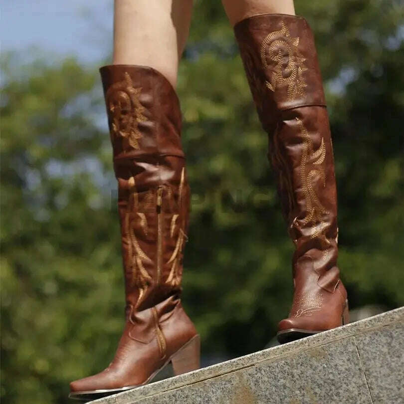 KIMLUD, Cowboy Boots For Women 2023 Fashion Brown Boots Knee High Heels Embroider Sexy Warm Winter Zip Femme Handmade Shoes Size 43, KIMLUD Womens Clothes