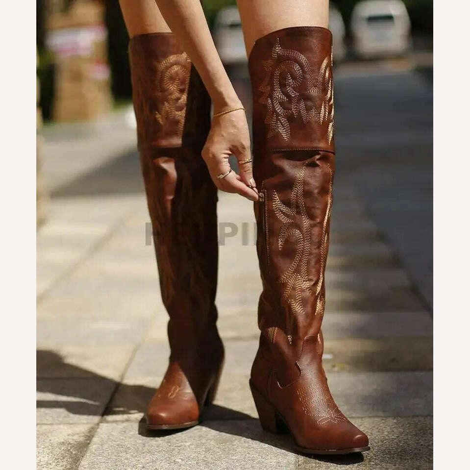 KIMLUD, Cowboy Boots For Women 2023 Fashion Brown Boots Knee High Heels Embroider Sexy Warm Winter Zip Femme Handmade Shoes Size 43, KIMLUD Womens Clothes