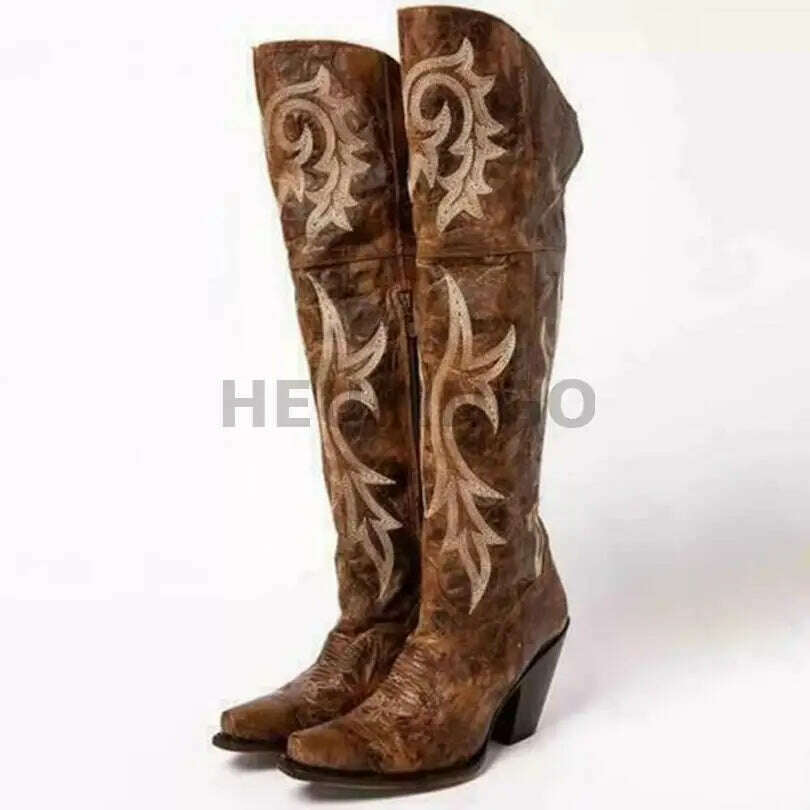 KIMLUD, Cowboy Boots For Women 2023 Fashion Brown Boots Knee High Heels Embroider Sexy Warm Winter Zip Femme Handmade Shoes Size 43, KIMLUD Womens Clothes